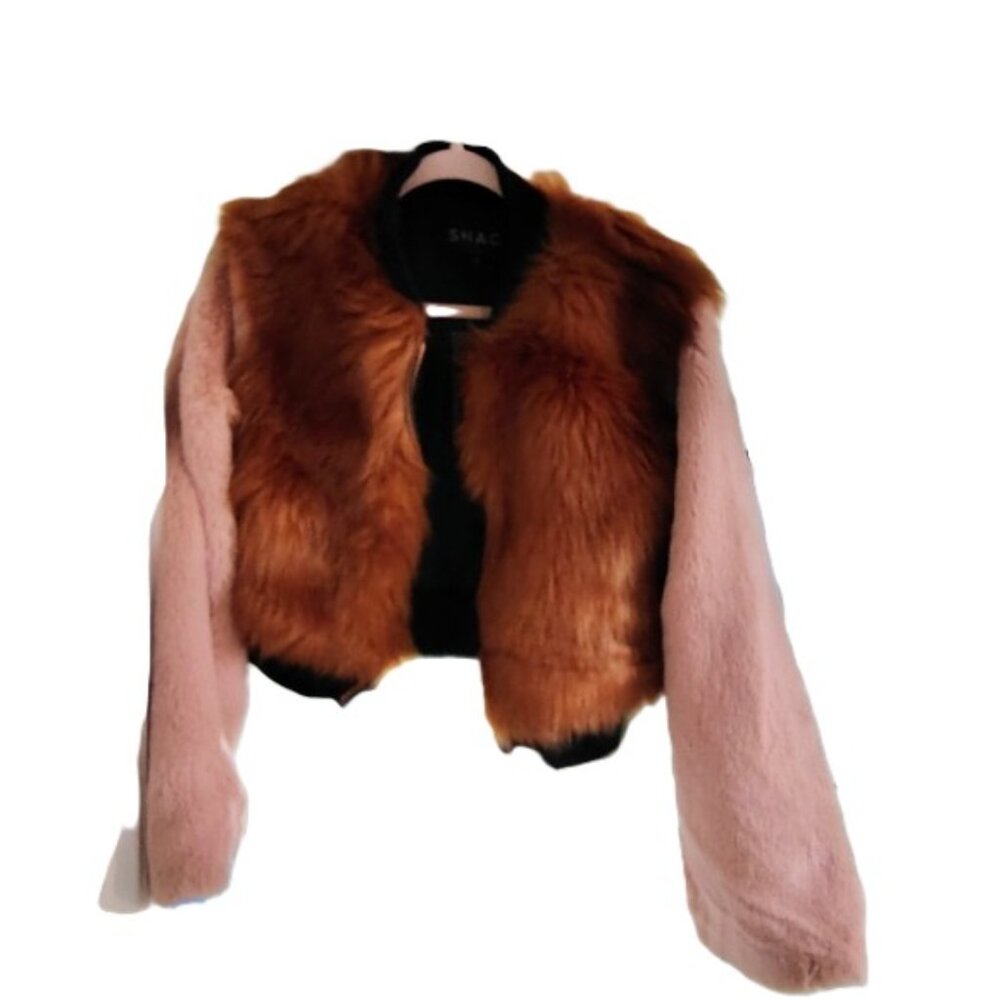 MADE BY SHACI FAUX FUR JACKET CROP STYLISH MULTICOLORED LONG SLEEVE